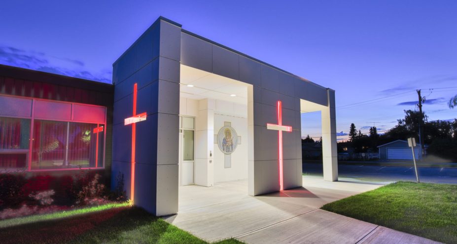 StMarys School-entrance with crosses lit up