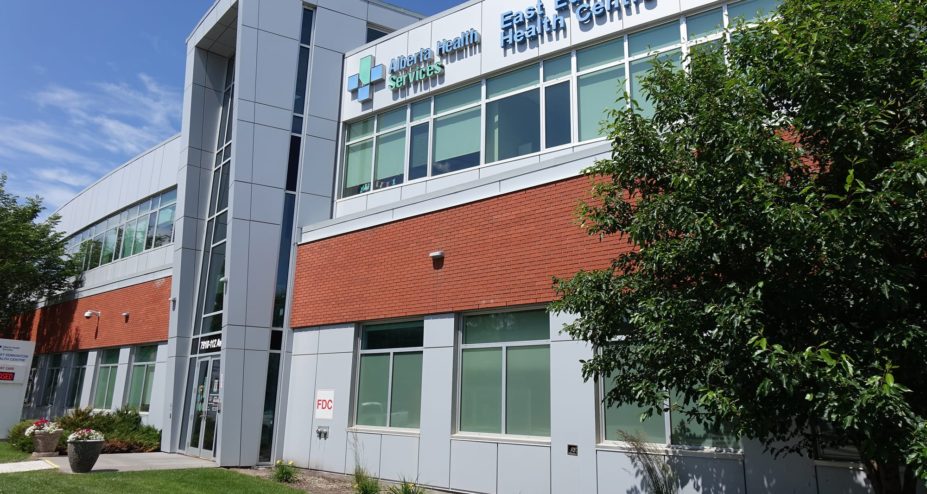 Project-East-Edmonton-Health-Centre-JEN-COL East Edmonton Health Care Centre exterior looking up with signage