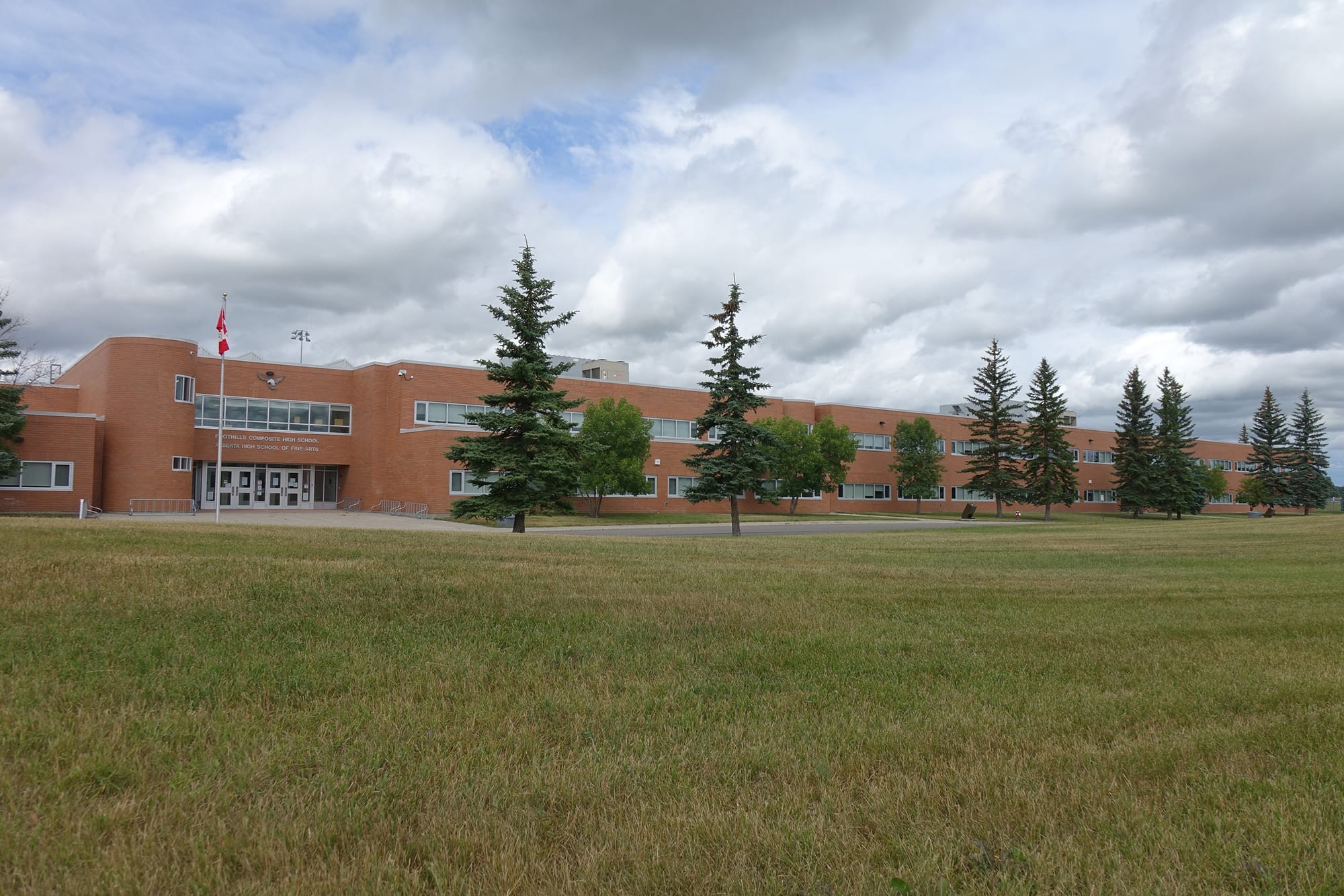 Foothills Composite High School exterior from across the school yard