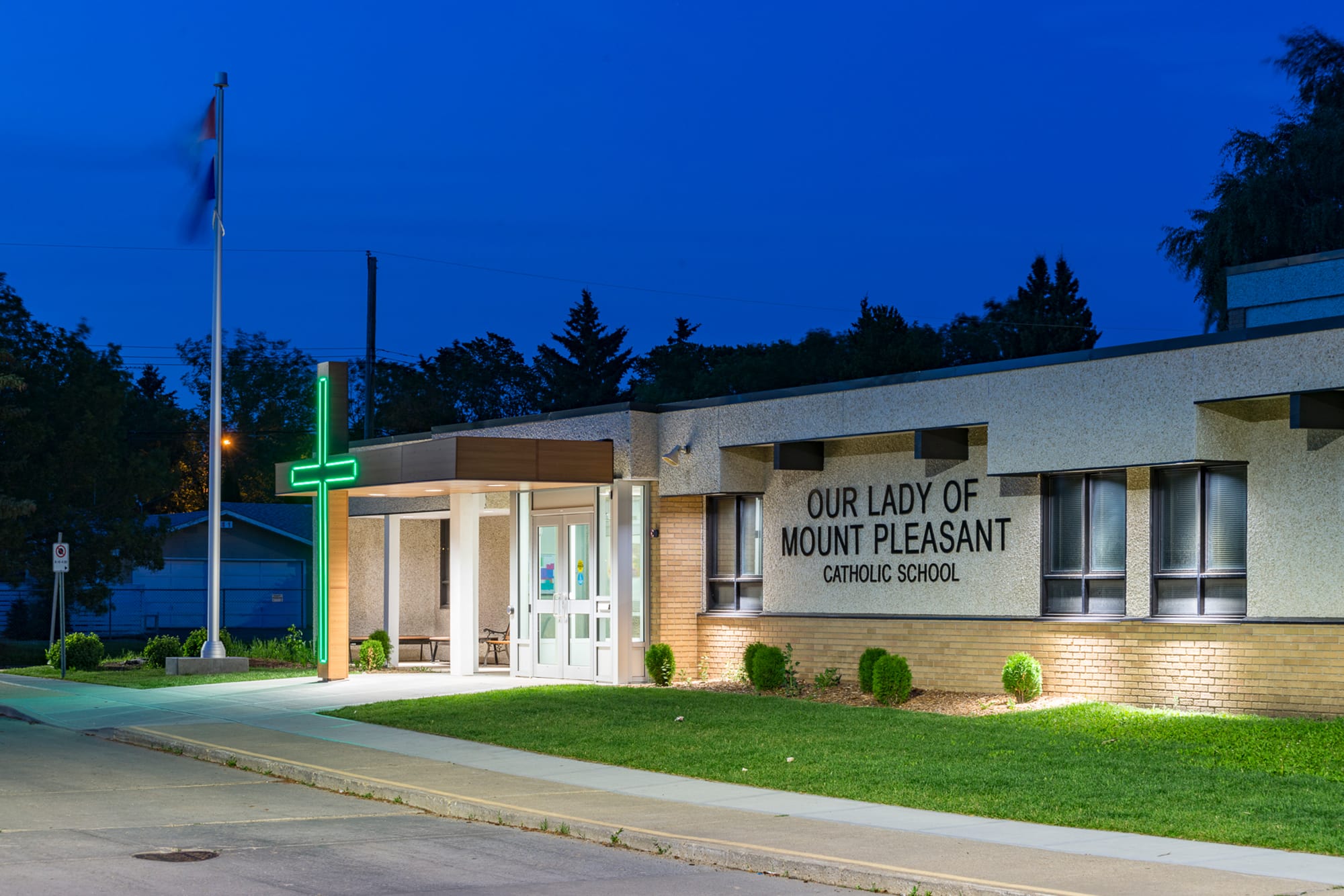 Our Lady of Mount Pleasant School exterior at night