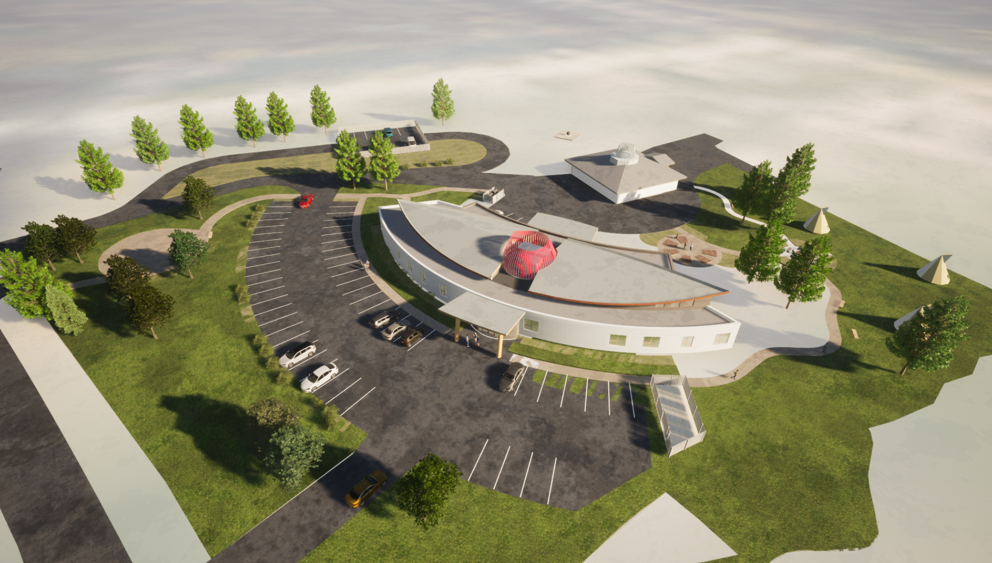 Rendering of the Driftpile Health Centre from Birds Eye View.