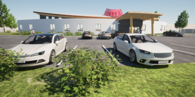 Parking Lot Perspective of Driftpile Health Centre Rendering.