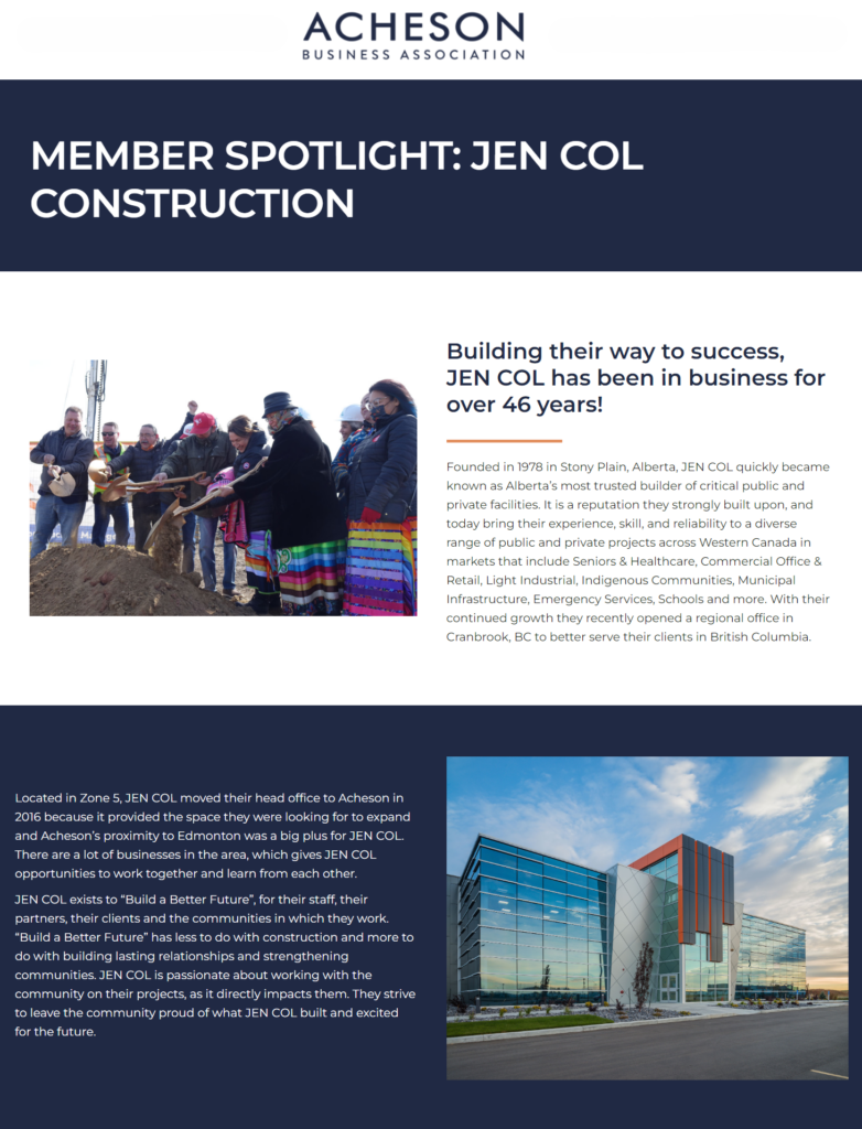 JEN COL Construction member spotlight for Acheson Business Association